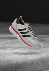 Világosszürke sportcipő fekete csíkokkal és piros díszítésekkel. Kecskebőr és hálós anyagokból készült, lekerekített orral és fehér gumitalppal.