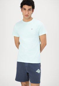 Lys mintgrøn kortærmet t-shirt med rund halsudskæring og lille logo, parret med marineblå shorts med grafisk design på låret.