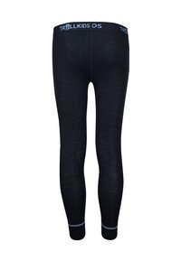 Black leggings made of soft material, featuring a blue logo waistband and lighter blue accents at the hem. Smooth texture with a snug fit.