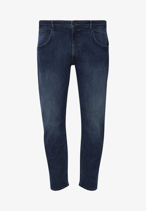 Jean en denim de lavage bleu foncé avec une coupe slim, dotés d'un style à cinq poches et d'une fermeture classique à bouton et fermeture éclair.