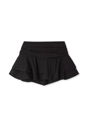Skort nero a strati con vita elasticizzata, orlo arricciato e pantaloncini integrati sotto; tessuto dalla texture liscia.