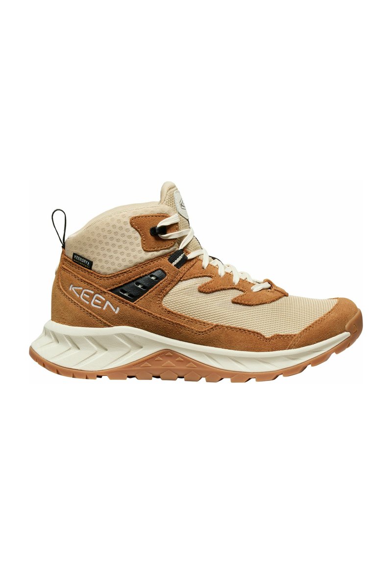 Herren-Wanderschuhe in Tan und Beige, mit einem Obermaterial aus Mesh, Wildlederakzenten, Schnürverschluss und einer strukturierten Gummisohle mit einem Traktionsmuster.