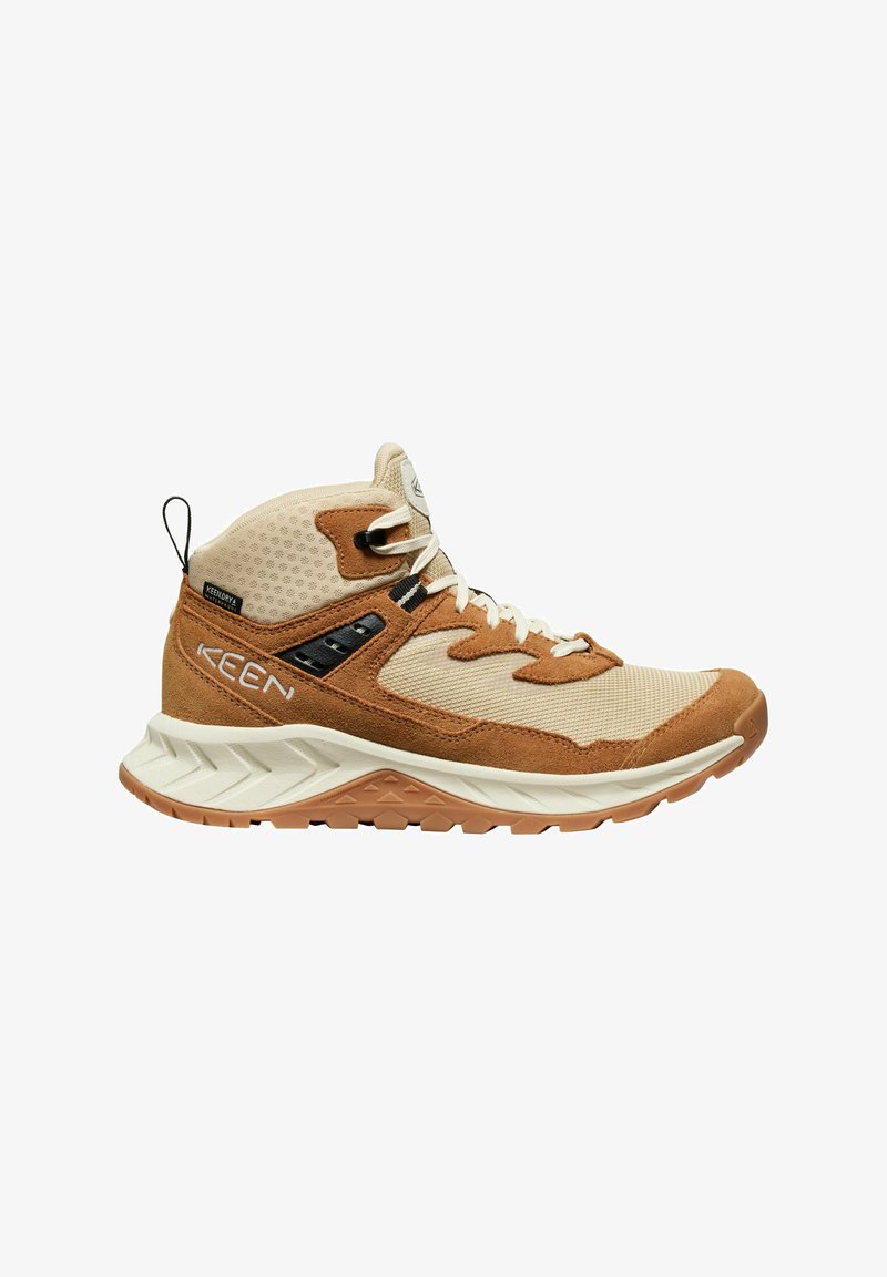 Herren-Wanderschuhe in Tan und Beige, mit einem Obermaterial aus Mesh, Wildlederakzenten, Schnürverschluss und einer strukturierten Gummisohle mit einem Traktionsmuster.