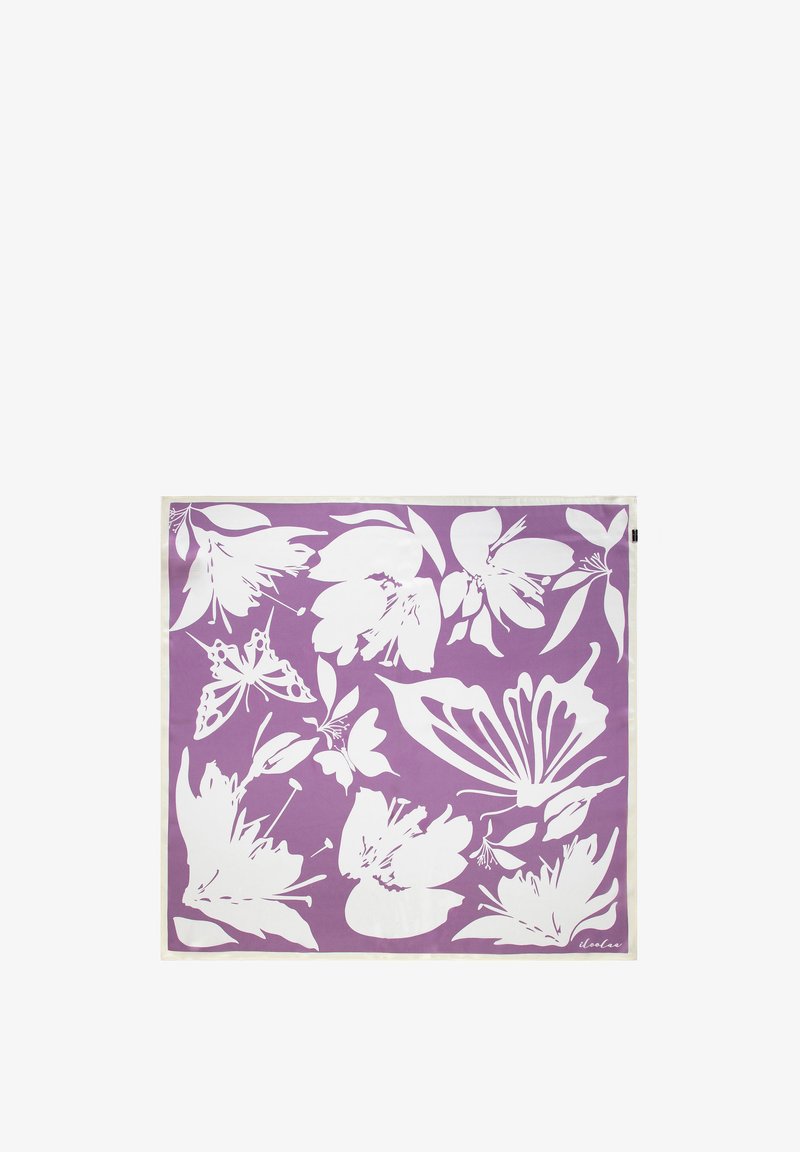 Écharpe florale avec un fond violet, présentant des silhouettes blanches de fleurs et de papillons ; texture lisse et forme rectangulaire.