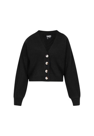 Musthave musträti kardigan pikkade varrukatega, sügava V-kaelusega ja viie suure nupuga. Strukturiseeritud kudumisriie ribadega aksentidega.