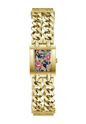 Montre-bracelet à maillons dorés avec cadran noir rectangulaire à motif floral et aiguilles dorées, marque Guess sur le cadran.