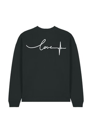 Sweatshirt noir avec un texte en cursive blanc "amour" et un design de ligne de battement de cœur au dos. Encolure classique et poignets côtelés.