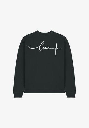 Sweatshirt noir avec un texte en cursive blanc "amour" et un design de ligne de battement de cœur au dos. Encolure classique et poignets côtelés.