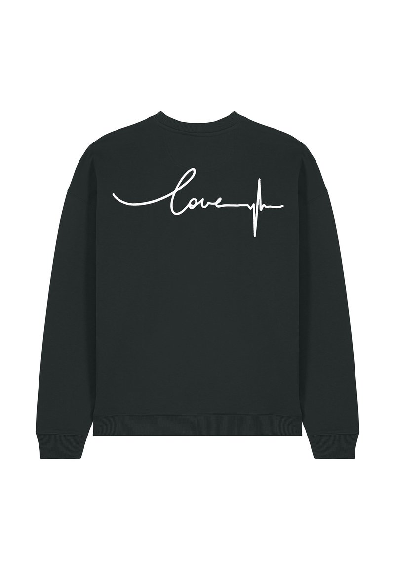 Felpa nera con la scritta bianca in corsivo "amore" e un design a linea di battito cardiaco sul retro. Collo a giro classico e polsini a coste.