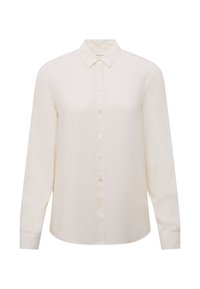 Langärmlige, cremefarbene Bluse aus weichem Stoff, mit Knopfverschluss vorne, Kragen und geradem Saum. Klassisches, minimalistisches Design.