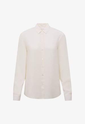 Bluzka z długim rękawem w kolorze kremowym, wykonana z miękkiego materiału, z wykończeniem zapinanym na guziki, kołnierzykiem i prostym wykończeniem. Klasyczny, minimalistyczny design.