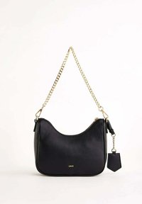 Borsa a spalla in pelle nera con tracolla in catena dorata, etichetta attaccata di piccole dimensioni e logo "GAUDI" al centro anteriore.