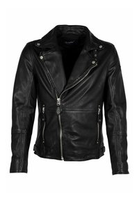 Schwarze Leder-Motorradjacke mit einem eingekerbten Kragen, asymmetrischem Reißverschluss vorne und zwei seitlichen Reißverschlusstaschen. Glatte Textur, taillierte Passform.