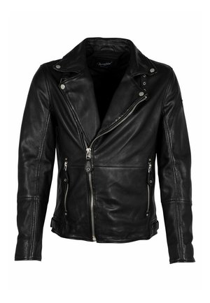 Chaqueta de motocicleta de cuero negro con cuello de muesca, cremallera frontal asimétrica y dos bolsillos laterales con cremallera. Textura suave, diseño ajustado.