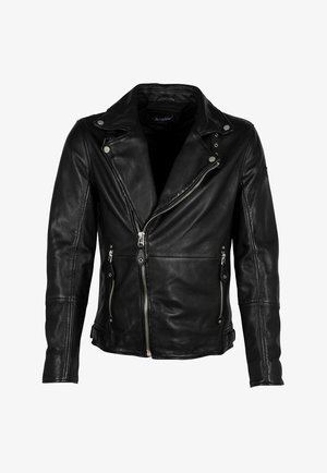 Schwarze Leder-Motorradjacke mit einem eingekerbten Kragen, asymmetrischem Reißverschluss vorne und zwei seitlichen Reißverschlusstaschen. Glatte Textur, taillierte Passform.