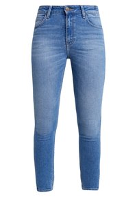 Jeans ajustados de mezclilla azul claro, con cintura alta, ligero desgastado y diseño de cinco bolsillos, con cierre de botón metálico.