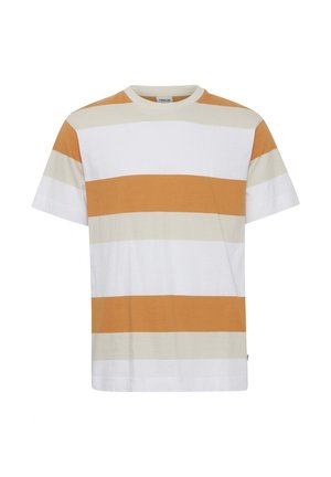 T-shirt a maniche corte con scollo tondo e ampie righe orizzontali in bianco, beige e giallo senape.