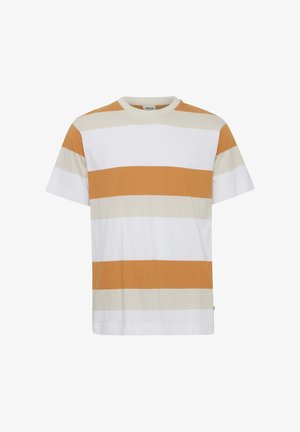 T-shirt à manches courtes col rond avec de larges rayures horizontales en blanc, beige et jaune moutarde.