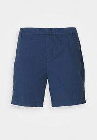 Shorts pour hommes bleu marine avec passants de ceinture, braguette zippée et poches latérales, présentés sur un fond blanc uni.