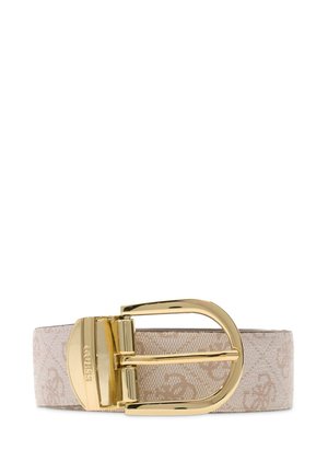 Ceinture beige à motifs avec une boucle en forme de D dorée brillante et le nom de la marque gravé sur la boucle.