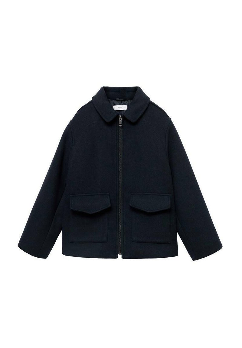 Navy blue wool blend jacket with a zip closure, pointed collar, and two front patch pockets. Features a relaxed, boxy silhouette.