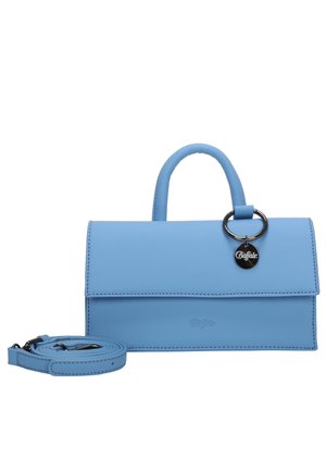 Sac à main en simili cuir bleu avec une poignée supérieure, une bandoulière amovible, des accessoires en métal argenté et un fermoir magnétique. Design minimaliste avec des détails cousus.