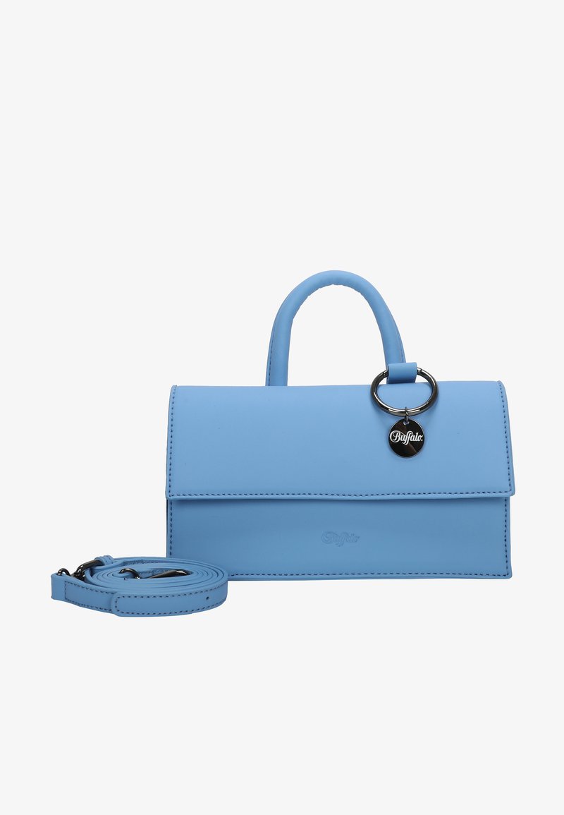 Borsa a tracolla in ecopelle blu con manico superiore, tracolla staccabile, hardware in argento e chiusura a pressione magnetica. Design minimalista con dettagli cuciti.