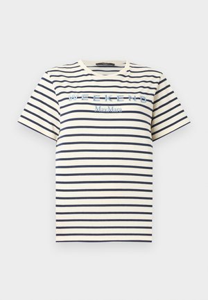 Tricou alb cu mâneci scurte cu dungi orizontale bleumarin și text brodat albastru „WEEKEND MaxMara“ pe piept.