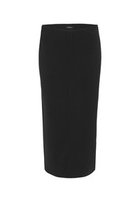 Jupe midi noire taille haute, coupe droite, avec une couture centrale et une ceinture, conçue pour une silhouette ajustée et épurée.