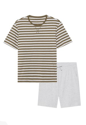 Striped short-sleeve shirt in gray and olive, with a crew neckline, paired with gray shorts featuring an elastic waistband and pockets.