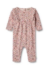 Mono de bebé con patr�ón floral y mangas largas. Tejido suave en tonos de rosa y crema, con detalles de volantes en el escote.