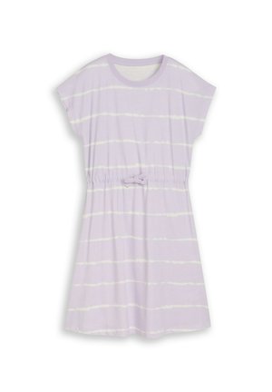 Robe courte à manches courtes violet clair avec des rayures blanches horizontales et un petit nœud en tissu à la taille élastiquée.