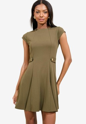 Olive green fitted dress with cap sleeves, side pockets, and pleated skirt. Features gold button accents and a smooth fabric texture.