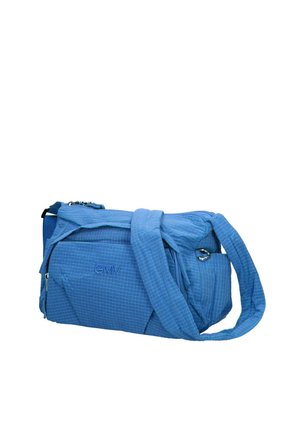 Sac bandoulière GMV bleu avec sangle ajustable, poche avant zippée et motif en tissu texturé.