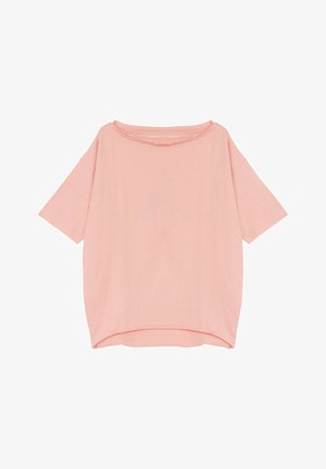 Jasnoróżowa, oversize koszulka z krótkim rękawem, szerokim dekoltem, wykonana z miękkiej bawełny, z zaokrąglonym dołem i minimalistycznym wzorem.