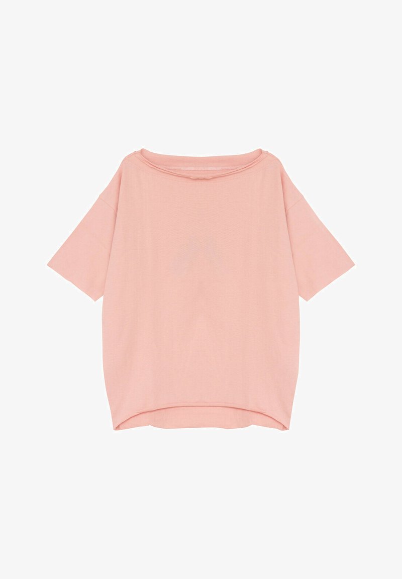 Jasnoróżowa, oversize koszulka z krótkim rękawem, szerokim dekoltem, wykonana z miękkiej bawełny, z zaokrąglonym dołem i minimalistycznym wzorem.