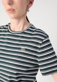 Žalias ir baltas dryžuotas medvilninis marškinėliai su apvali apykakle ir siuvinėtu krokodilo logotipu kairėje krūtinės pusėje. Trumpomis rankovėmis.
