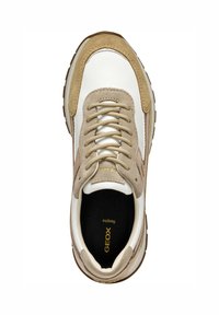 Basket en cuir blanc avec des accents en daim beige, bout rond, design à lacets, semelle à motif circulaire et logo doré "GEOX" sur la semelle intérieure.