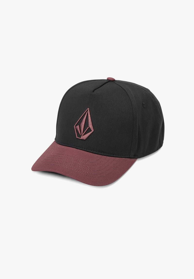 Black cap with a maroon visor, featuring a textured logo patch in maroon on the front. The design is structured, with a rounded shape.