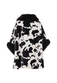 Cappotto in pelliccia sintetica con stampa a macchie di latte e nero, colletto ampio e polsini rotondi. Texture morbida, design di lunghezza media e vestibilità over.