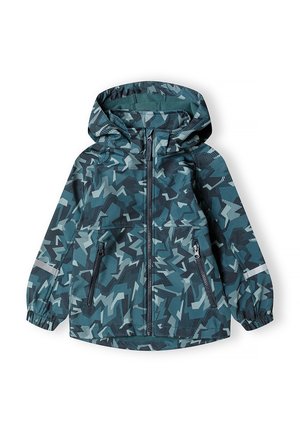 Chaqueta para niño con capucha con patrón de camuflaje geométrico azul y verde azulado, cremallera frontal, bolsillos laterales con cremallera y puños elásticos.