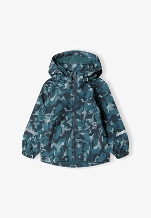 Veste à capuche pour enfant avec un motif camouflage géométrique bleu et bleu sarcelle, fermeture éclair à l'avant, poches latérales zippées et poignets élastiques.
