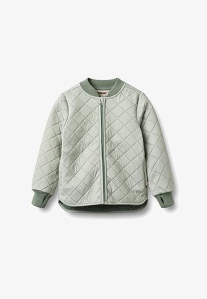 Veste matelassée vert clair à fermeture éclair, col et poignets côtelés, manches longues et ourlet arrondi, posée à plat sur fond blanc.