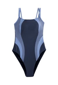 Bañador de una pieza azul marino y azul claro con doble tirante en los hombros y diseño de panel curvado en la parte delantera.