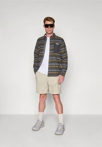 Dlouhý rukáv se šedými a žlutými pruhy, bílým tričkem pod ním, béžové šortky a šedé tenisky s bílými ponožkami; nosí tmavé sluneční brýle.