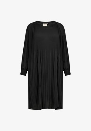 Sort langærmet kjole lavet af plisseret stof, med V-hals, løs pasform og elastiske manchetter for komfort og nemt at have på.