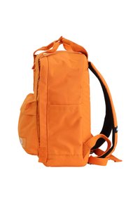 Orange fabric backpack with a rectangular shape, featuring adjustable straps, a front pocket, and side and top zippered closures.