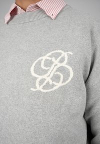 Personne portant un pull en maille gris avec un monogramme blanc entrelacé sur la poitrine, au-dessus d'une chemise à col rayée rose et blanche.