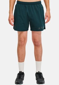 Teal idrottsshorts med elastisk midja och sidslitsar. Har tryckt "ATW"-logga, tillverkad av lätt, ventilerande material.