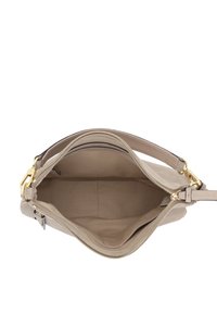 Beige leather handbag with a smooth texture, zip closure, and gold hardware. Spacious interior with a light fabric lining.